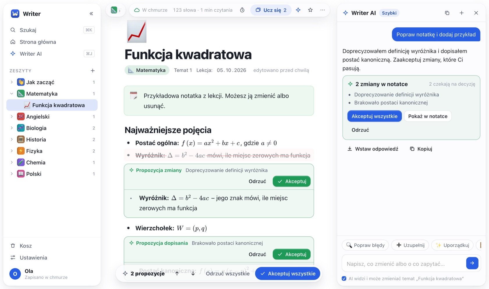 Writer: temat „Funkcja kwadratowa” z propozycjami zmian od Writer AI do zaakceptowania